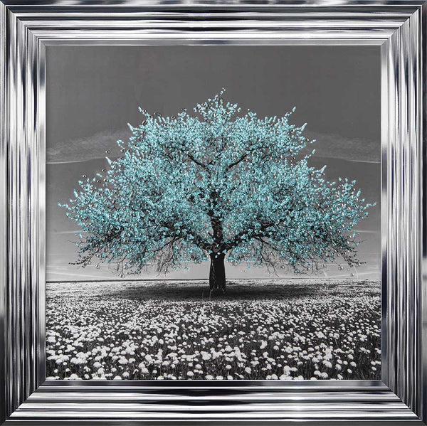 Teal Cherry Tree Framed Wall Art 75x75cm