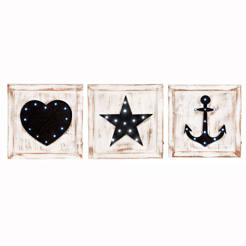 S/3 Natural Wash Fir Wood Square LED Wall Plaques
