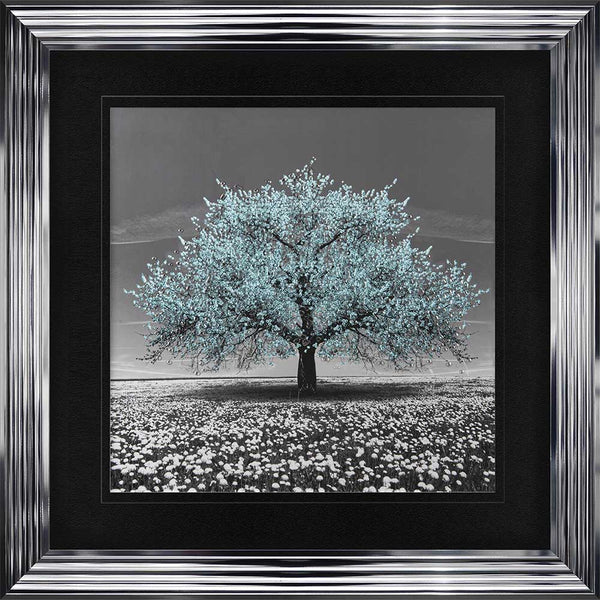 Teal Cherry Tree Framed Wall Art 90x90cm