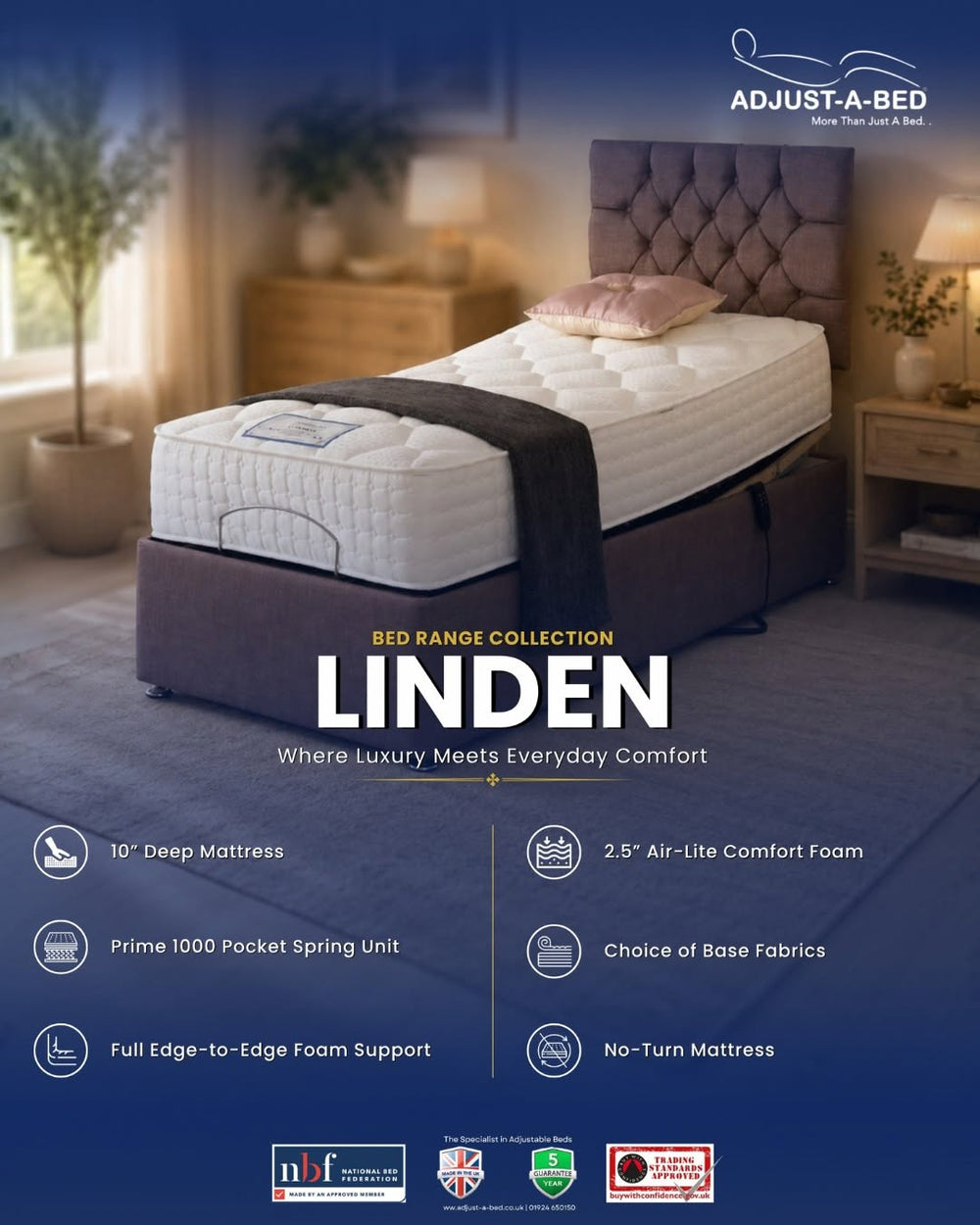 Adjust-a-bed 3ft Single Linden Mattress for an Adjustable Bed